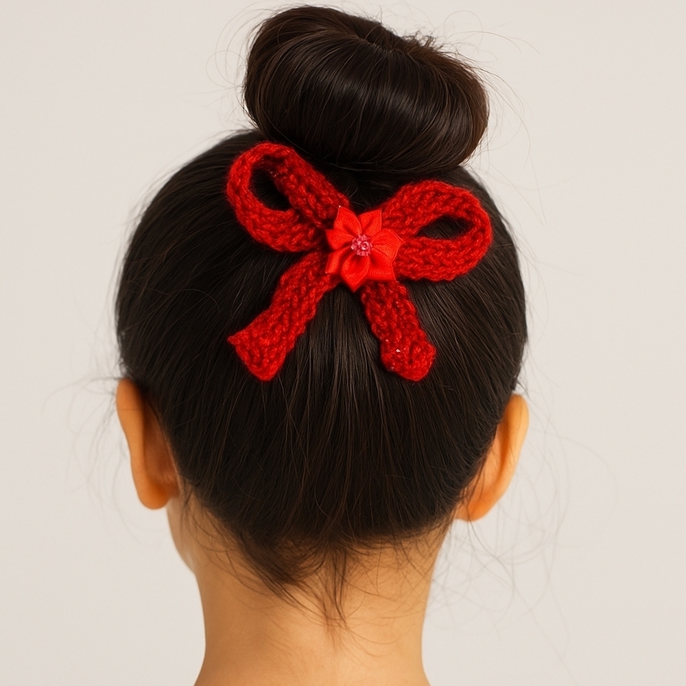 Hand Crafted hand knit crochet red bow  siver metallic barrette hair clip boho